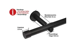 Deco-Raum Gardinenstange nach Maß 1-Lauf Kappe Ø 25mm Schwarz 190cm