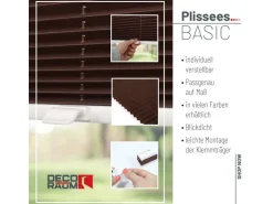 Deco-Raum Plissee Basic ohne Bohren 75x150cm Dunkelbraun Blickdicht Klemmfix