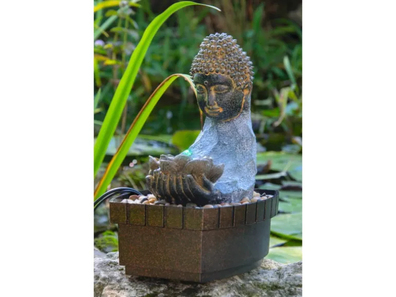 Dobar Zimmerbrunnen Buddha Lotusblüte in Steinoptik mit Deko-Steinen