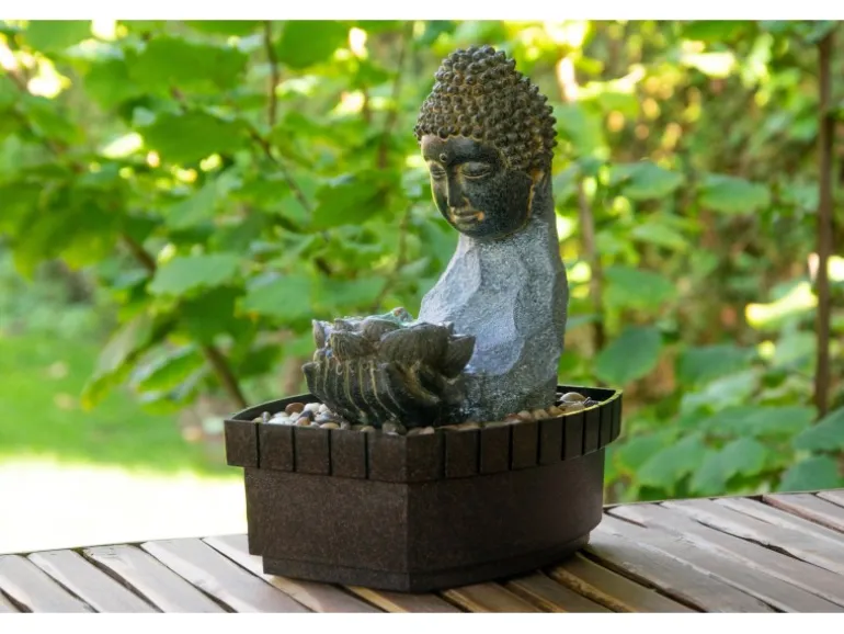 Dobar Zimmerbrunnen Buddha Lotusblüte in Steinoptik mit Deko-Steinen