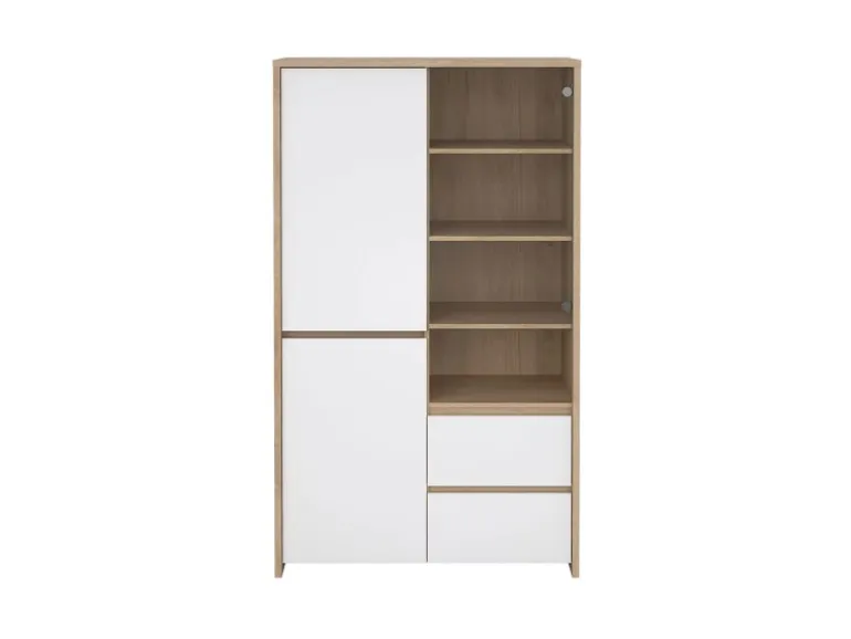 ebuy24 Next Vitrinenschrank 3 Türen 2 Schubladen 1 Ablage Eichen-Dekor Weiß Hochglanz