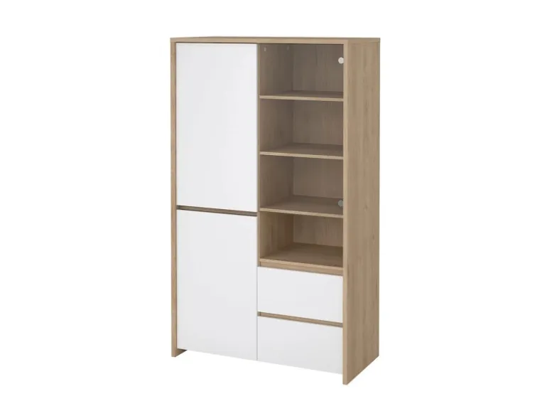 ebuy24 Next Vitrinenschrank 3 Türen 2 Schubladen 1 Ablage Eichen-Dekor Weiß Hochglanz