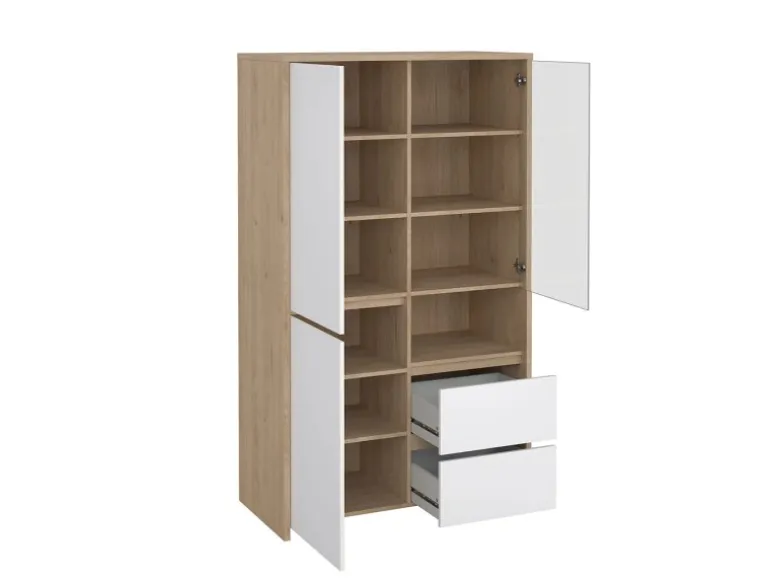ebuy24 Next Vitrinenschrank 3 Türen 2 Schubladen 1 Ablage Eichen-Dekor Weiß Hochglanz