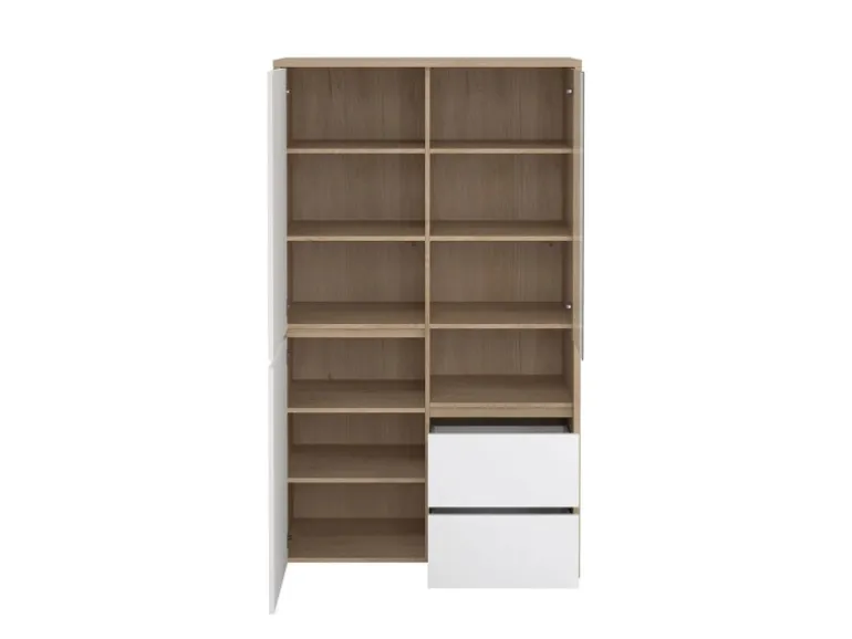 ebuy24 Next Vitrinenschrank 3 Türen 2 Schubladen 1 Ablage Eichen-Dekor Weiß Hochglanz