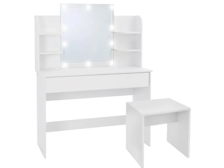 ECD Germany Schminktisch Set mit Hocker Spiegel LED-Beleuchtung 108x40x140 cm