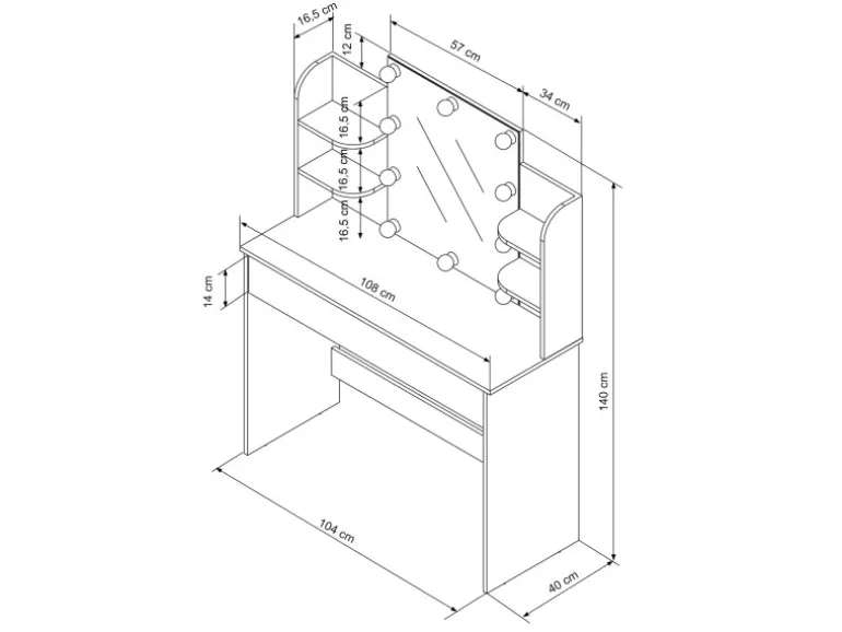 ECD Germany Schminktisch Set mit Hocker Spiegel LED-Beleuchtung 108x40x140 cm
