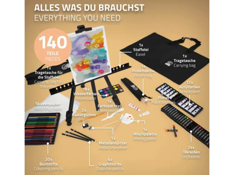ECD Germany 140tlg XXL Malset mit Staffelei Künstler Acryl Zeichenset Buntstifte