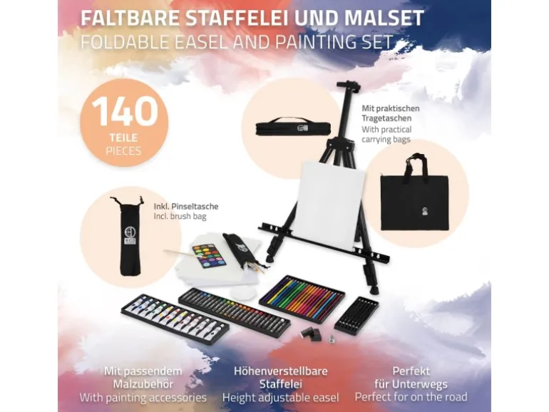 ECD Germany 140tlg XXL Malset mit Staffelei Künstler Acryl Zeichenset Buntstifte