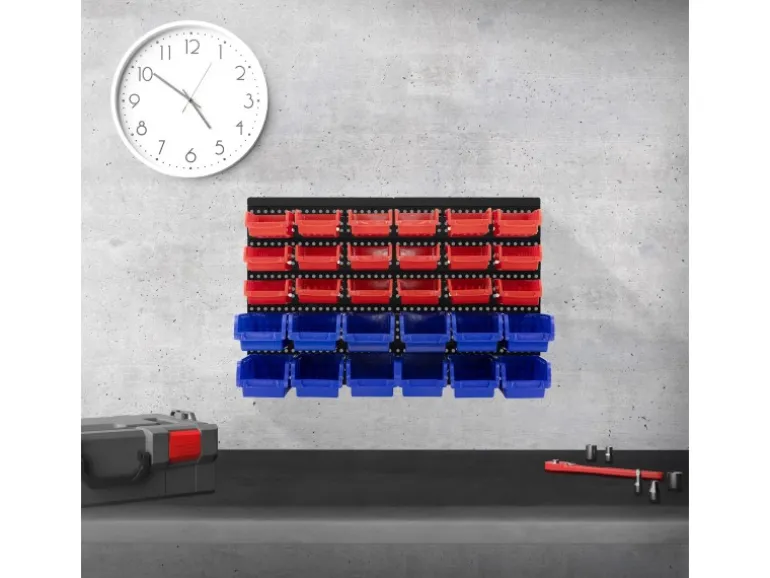 ECD Germany Wandregal mit Stapelboxen 30Tlg Blau-Rot 18 Kleine 12 Große Schütten