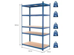 ECD Germany Werkstattregal 200x100x60 cm Blau aus Metall mit 5 Böden aus MDF