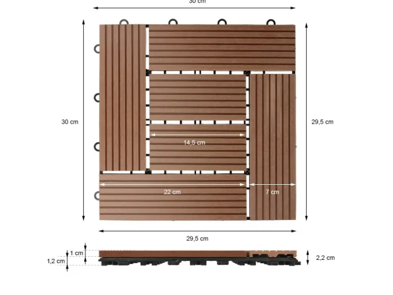 ECD Germany WPC Terrassenfliesen 30x30 cm 33er Spar Set Hellbraun Mosaik
