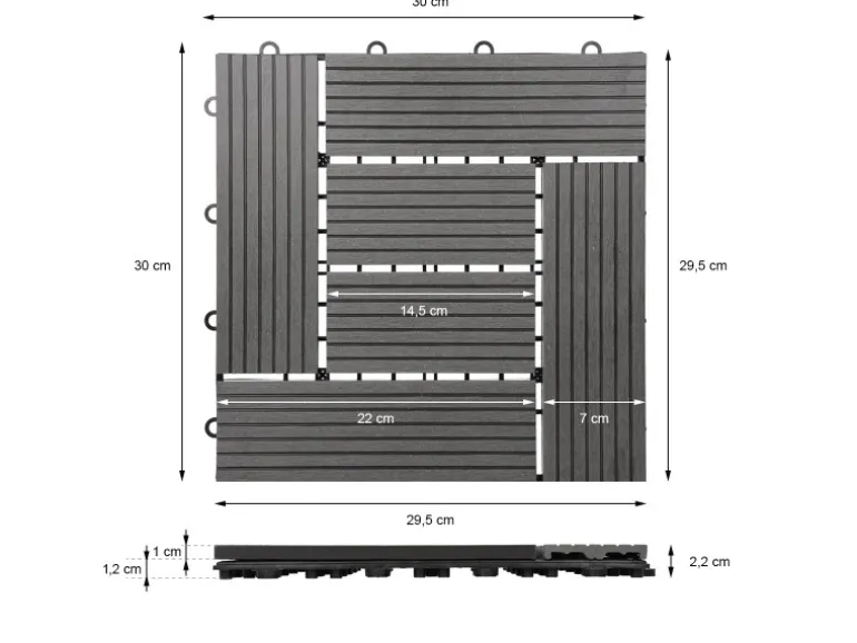 ECD Germany WPC Terrassenfliesen 30x30 cm 11Er Spar Set Anthrazit Mosaik