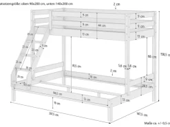 Erst-Holz Doppel-Etagenbett 90 x 200 cm und 140 x 200 cm Erwachsene Kiefer Weiß Modell 18 ohne Zubehör