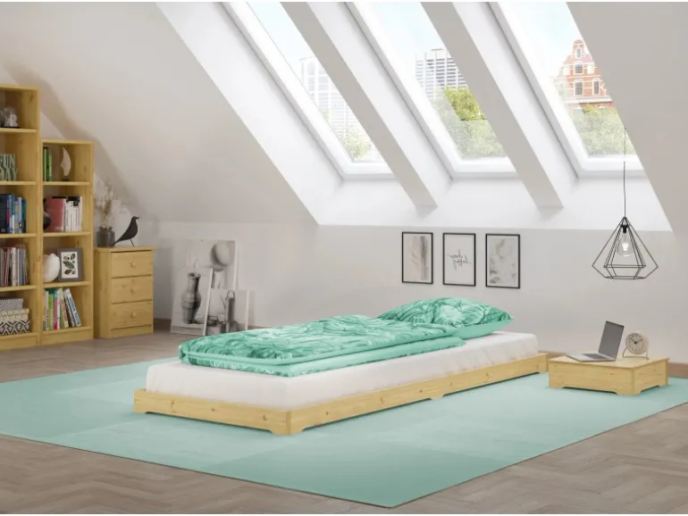 Erst-Holz Extra Flaches Einzelbett Futon Unbehandeltes Holz Loft 90 x 200 cm Fichte Rollrost inkl.