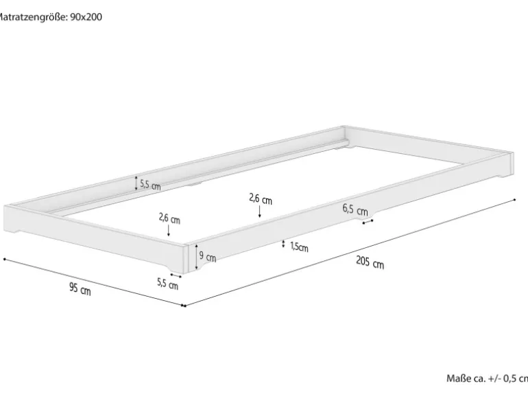 Erst-Holz Extra Flaches Einzelbett Futon Unbehandeltes Holz Loft 90 x 200 cm Fichte Rollrost inkl.