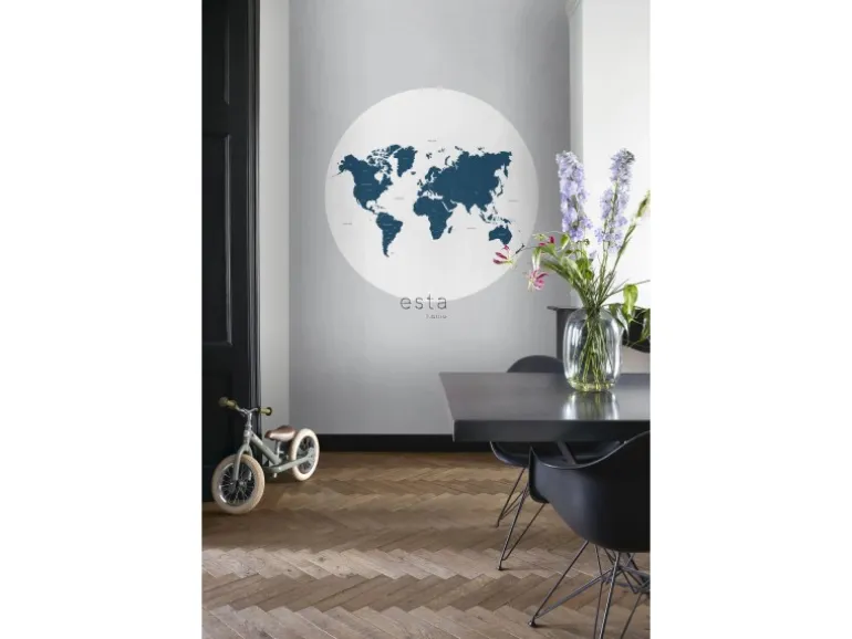 ESTAhome Selbstklebende Runde Tapete Weltkarte Blau Ø 140 cm 159008
