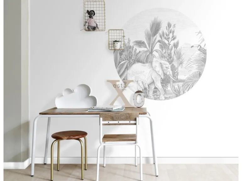 ESTAhome Selbstklebende Runde Tapete Dschungelmuster Grau Ø 70 cm 159075