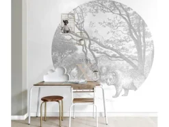 ESTAhome Selbstklebende Runde Tapete Wald Mit Waldtieren Grau Ø 140 cm 159083