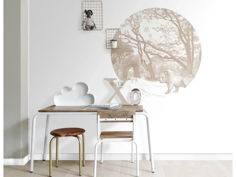 ESTAhome Selbstklebende Runde Tapete Wald Mit Waldtieren Beige Ø 70 cm 159072