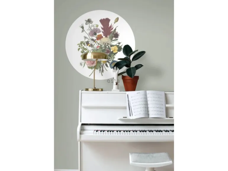 ESTAhome Selbstklebende Runde Tapete Blumenstrauß Grün Rosa und Gelb Ø 70 cm 158996