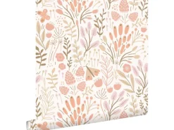 ESTAhome Tapete Blätter und Blumen Weiß und Orange 50 x 900 cm