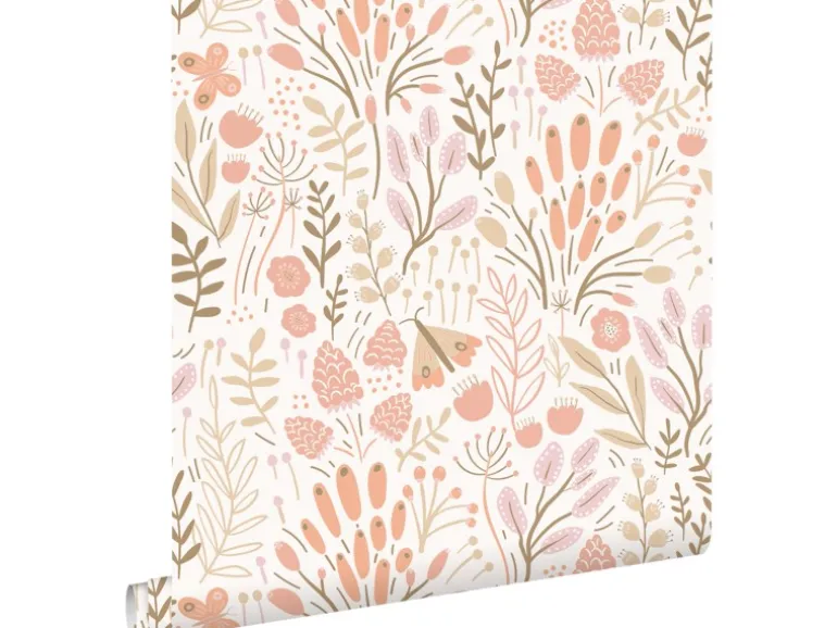 ESTAhome Tapete Blätter und Blumen Weiß und Orange 50 x 900 cm