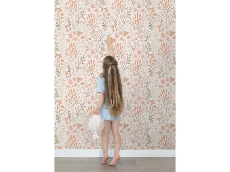 ESTAhome Tapete Blätter und Blumen Weiß und Orange 50 x 900 cm