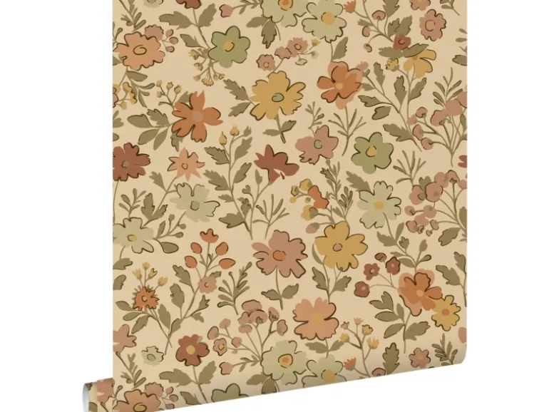 ESTAhome Tapete Blumen Ockergelb und Beigebraun 50 x 900 cm