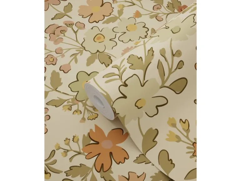 ESTAhome Tapete Blumen Ockergelb und Beigebraun 50 x 900 cm