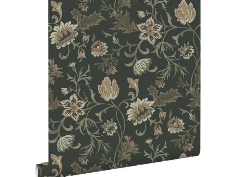 ESTAhome Tapete Blumenmuster Schwarz und Grün 0.53 x 10.05 m 139417