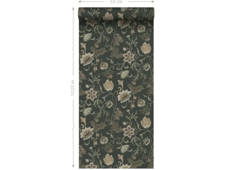 ESTAhome Tapete Blumenmuster Schwarz und Grün 0.53 x 10.05 m 139417