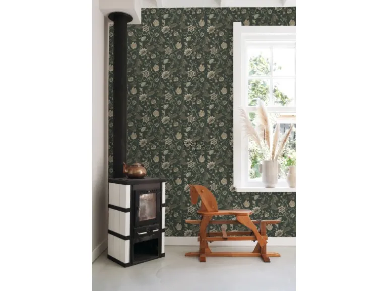 ESTAhome Tapete Blumenmuster Schwarz und Grün 0.53 x 10.05 m 139417