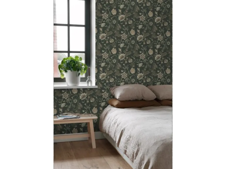 ESTAhome Tapete Blumenmuster Schwarz und Grün 0.53 x 10.05 m 139417