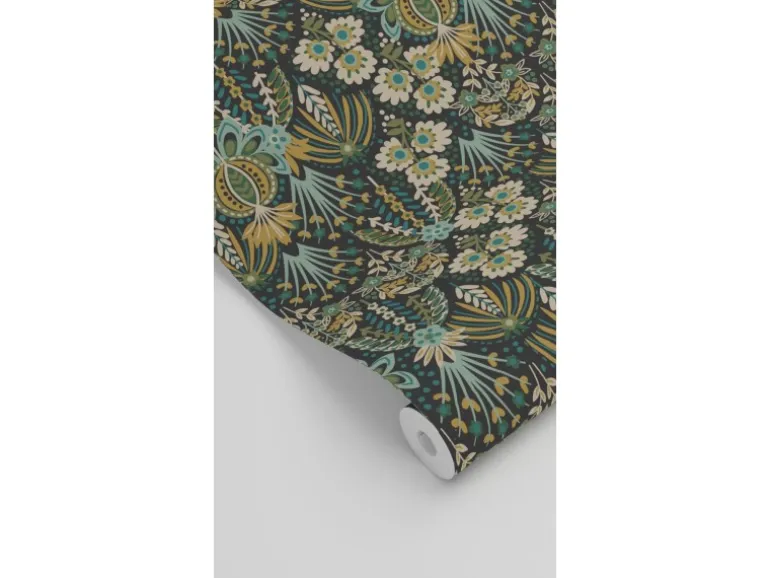 ESTAhome Tapete Blumenmuster im Jugendstil Graugrün Blau und Beige 50 x 900 cm