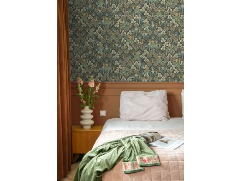 ESTAhome Tapete Blumenmuster im Jugendstil Graugrün Blau und Beige 50 x 900 cm
