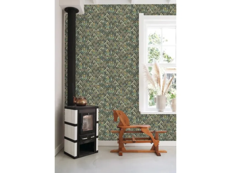 ESTAhome Tapete Blumenmuster im Jugendstil Graugrün Blau und Beige 50 x 900 cm