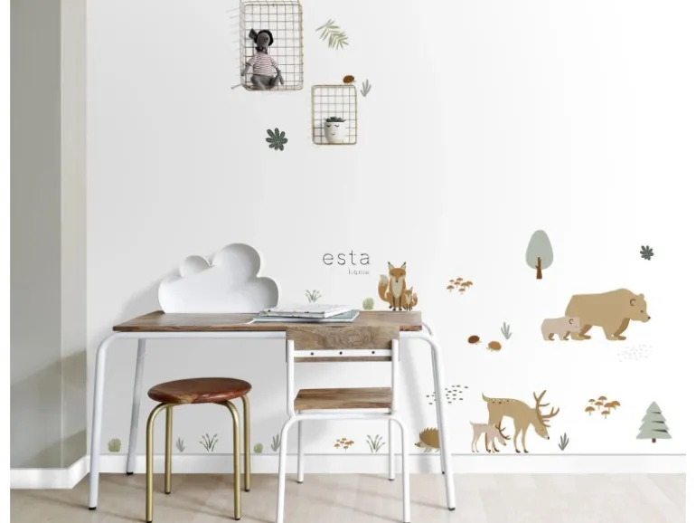 ESTAhome Wandtattoo Wald Mit Waldtieren Beige und Mintgrün 47,5 cm x 66 cm 156104
