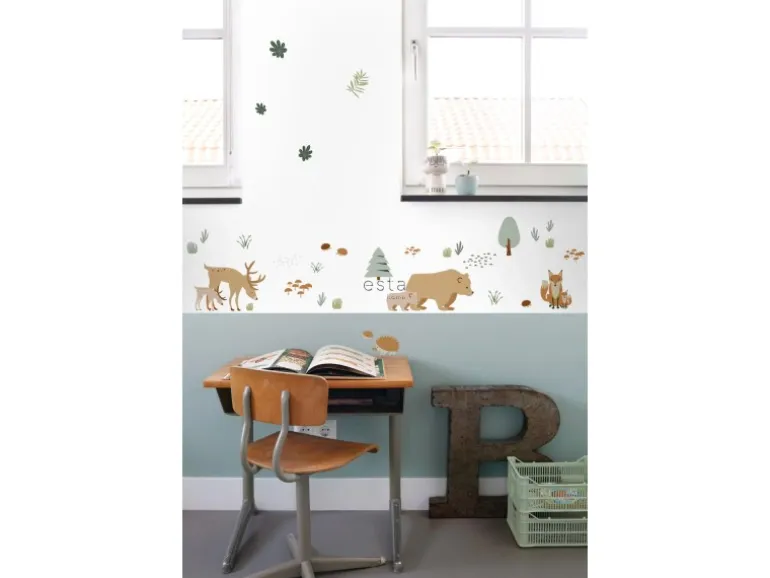 ESTAhome Wandtattoo Wald Mit Waldtieren Beige und Mintgrün 47,5 cm x 66 cm 156104
