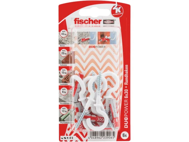 Fischer Dübel DuoPower Ø 6 mm x 30 mm RH N K 6 Stück mit Rundhaken