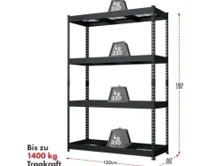 Floordirekt Schwerlastregal Yukon Rivet 4 Böden Schwarz 180 x 120 x 60 cm