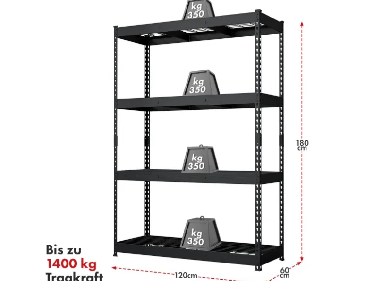 Floordirekt Schwerlastregal Yukon Rivet 4 Böden Schwarz 180 x 120 x 60 cm