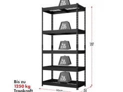 Floordirekt Schwerlastregal Yukon Rivet 5 Böden Schwarz 180 x 90 x 45 cm
