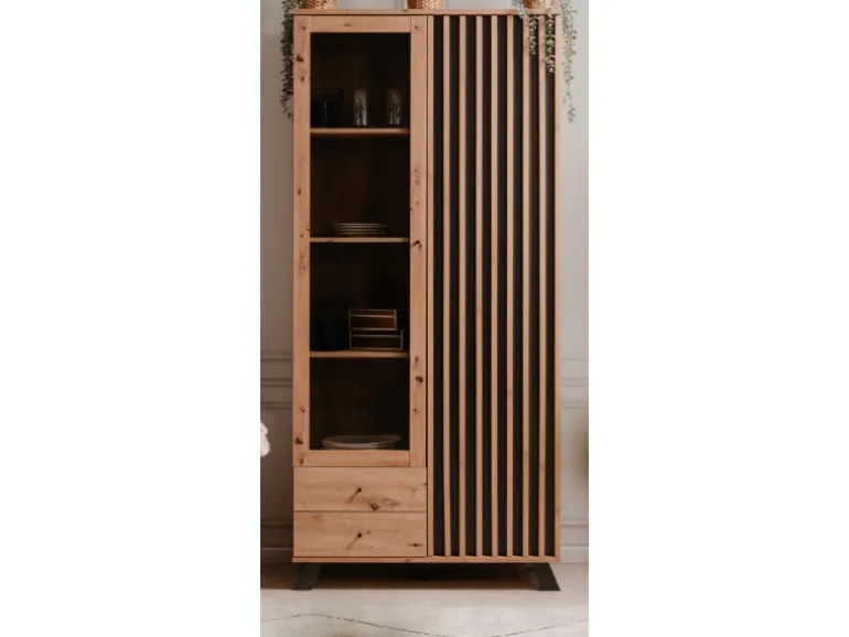 Furn.Design Vitrine Eiche Artisan und Grau 92 cm 3D Lamelle Industrial Madem