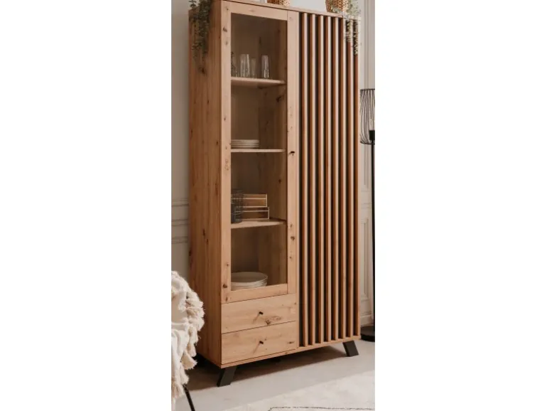 Furn.Design Vitrine Eiche Artisan und Grau 92 cm 3D Lamelle Industrial Madem