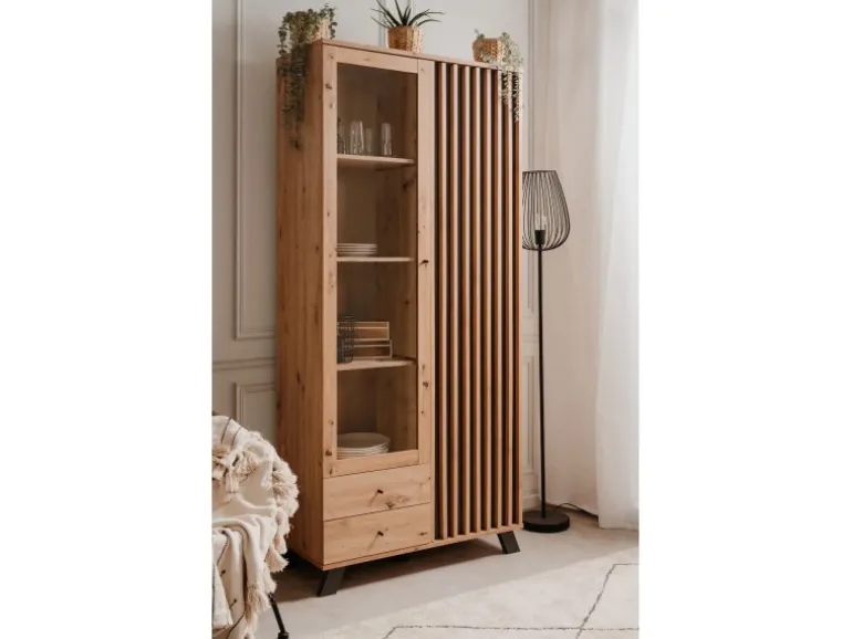 Furn.Design Vitrine Eiche Artisan und Grau 92 cm 3D Lamelle Industrial Madem