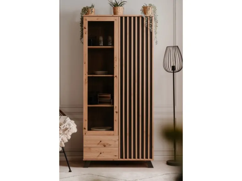 Furn.Design Vitrine Eiche Artisan und Grau 92 cm 3D Lamelle Industrial Madem