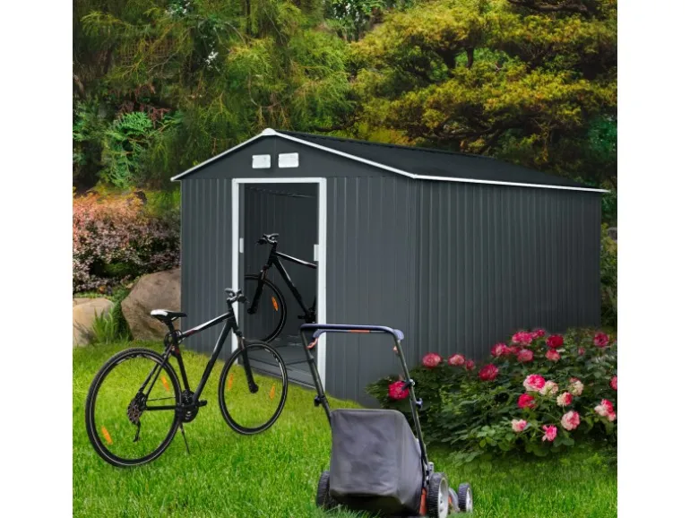 Hattoro S300 Metall Gerätehaus mit Bodenrahmen 12,5 m³ Satteldach Dunkelgrau