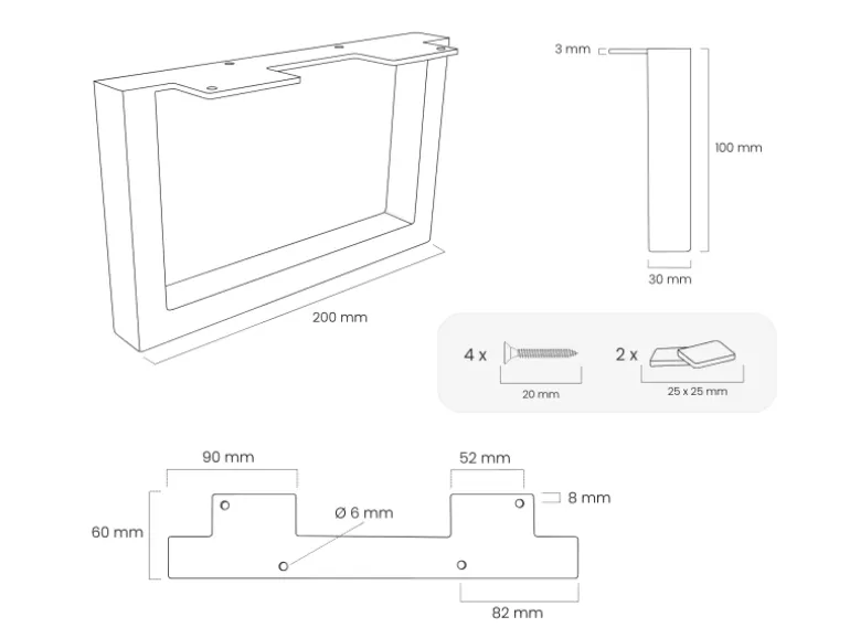 HEVVA Möbelfüße GRAZ 10 cm Hoch 20 cm Tief 2er Set Rohstahl-Klarlack
