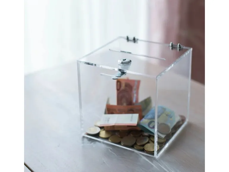 HMF 46919 Acryl Spendenbox Schloss 15 x 15 x 15 cm DIN A6 Transparent