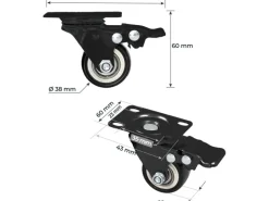 HMF 6710 Schwerlastrollen Bremse Polyurethan 4 Stück 38 mm bis 300 kg Schwarz